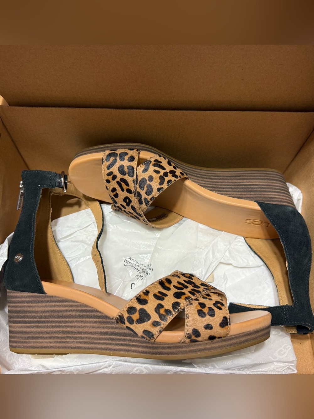 New in Box UGG Leopard Print Tan and Black Wedge Sandals size 8